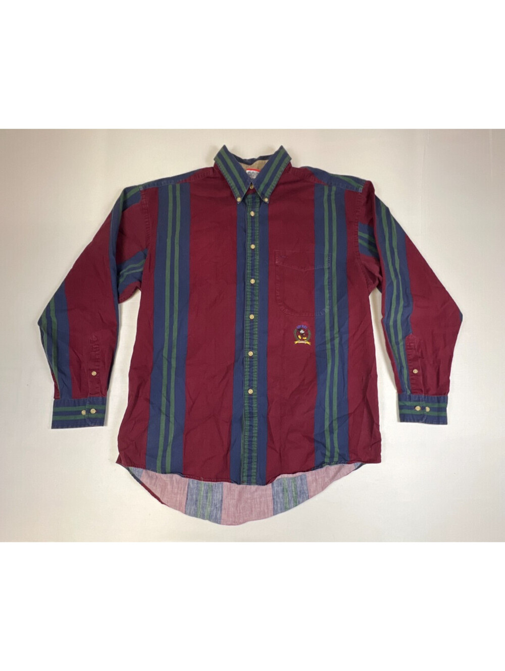 Mickey Inc Mens Large Vintage Striped Button Down Shirt Embroidered Logo Cotton